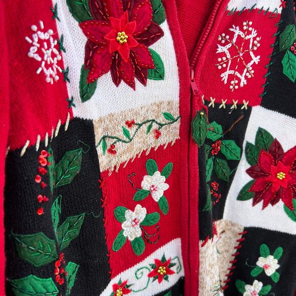 VTG Tiara Ugly Christmas cardigan sweater poinsettia snowflake Holly pinecone L - Picture 2 of 6